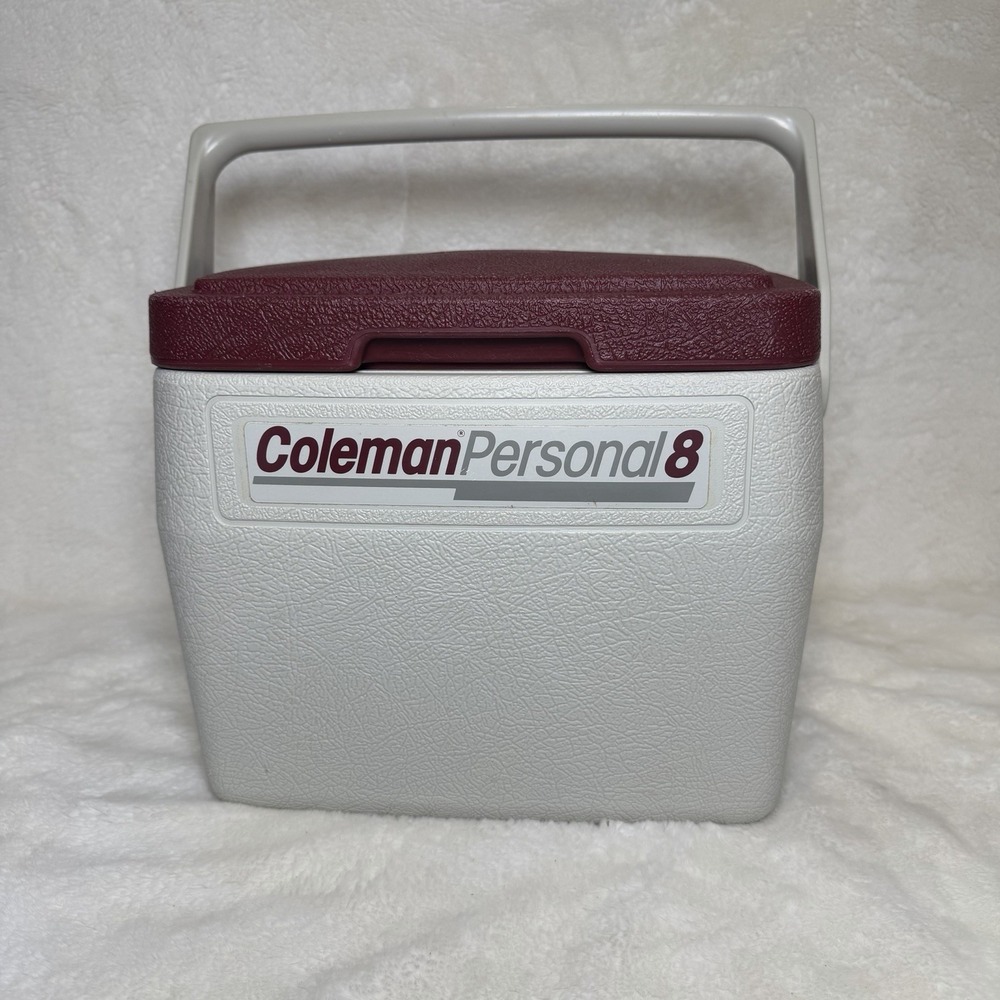Vintage Coleman Personal 8 Cooler 5272 Maroon Cup Holder Lock Lid Lunch Small